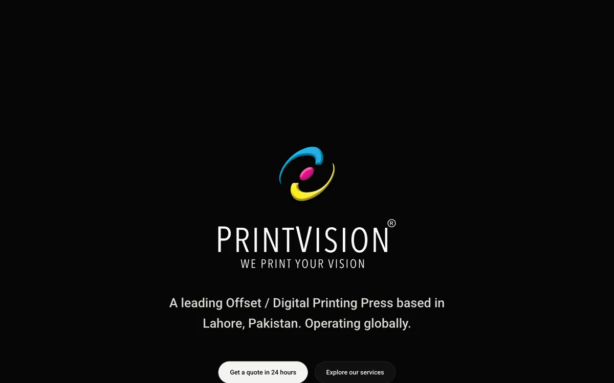 printvision.com.pk home page, the mark and tagline on near-black