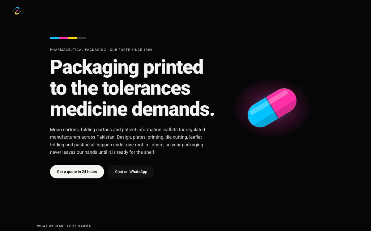 The pharmaceutical packaging landing page on printvision.com.pk