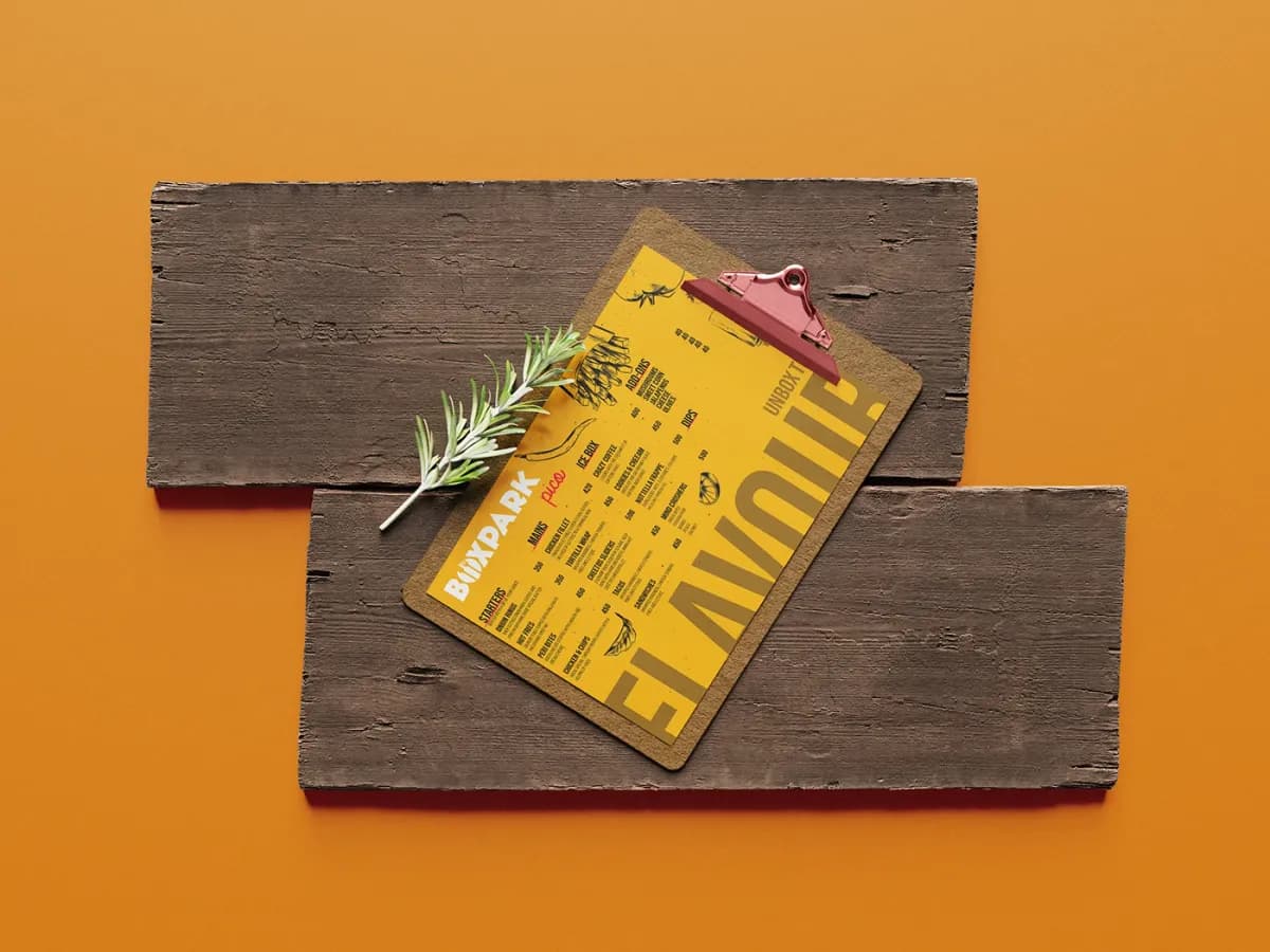 The menu card on a wooden board with a clip and rosemary
