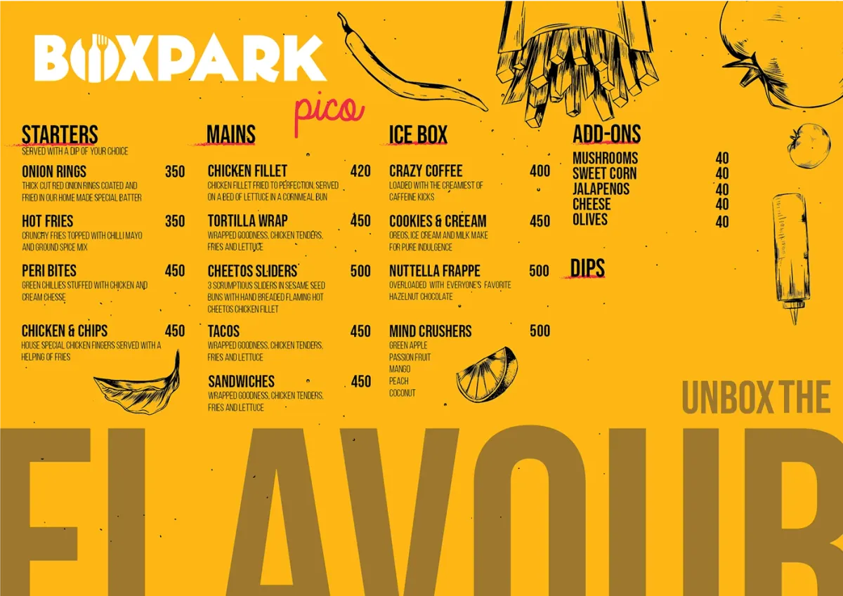 The menu artwork flat, with UNBOX THE FLAVOUR bleeding off the base