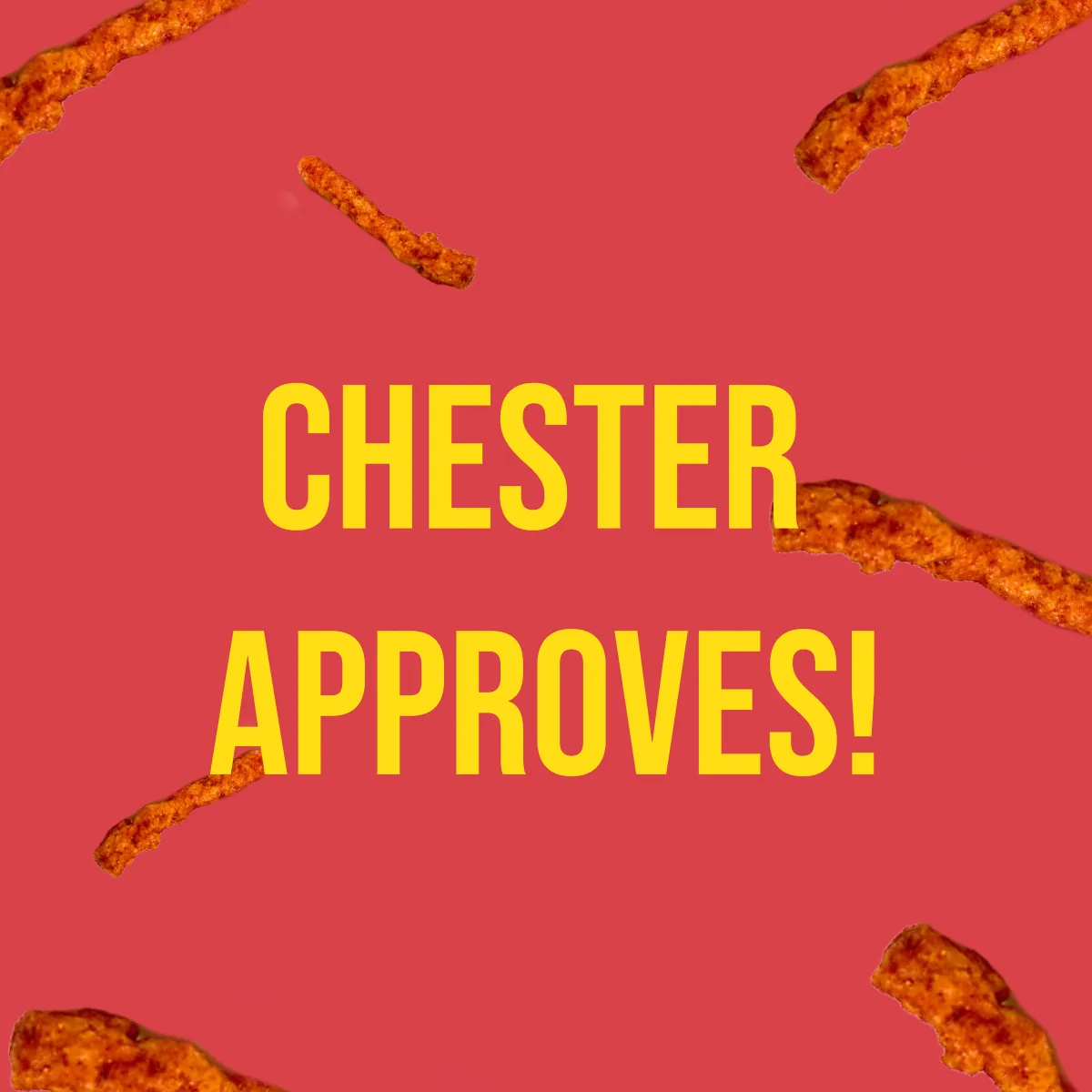 Chester approves, set over scattered Cheetos