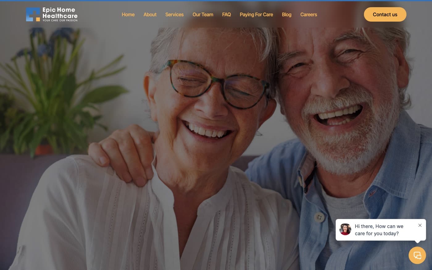 Epic Home Healthcare home page hero with a smiling senior couple