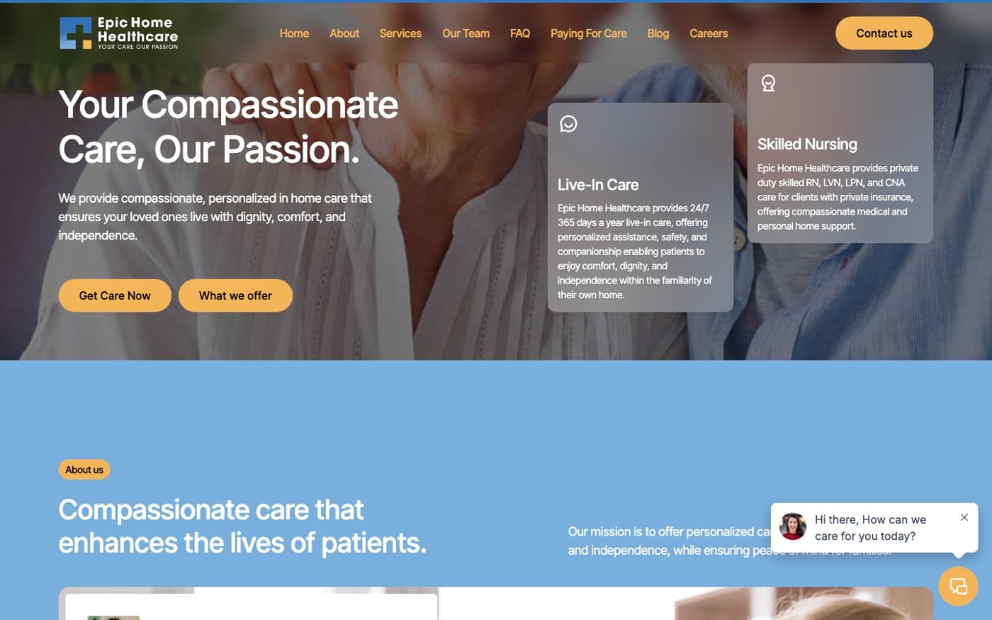 Home page with frosted service cards over the hero and the About band