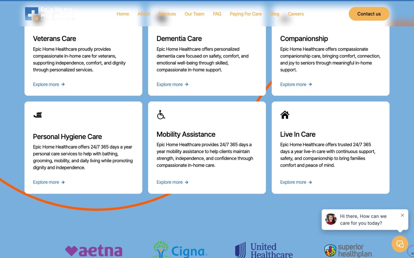Services grid with Veterans, Dementia, Companionship, Personal Hygiene, Mobility and Live-in cards