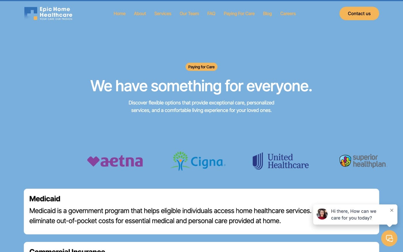 Paying for Care page with insurer logos