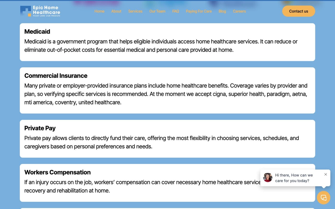 Payer cards for Medicaid, commercial insurance, private pay and workers' compensation