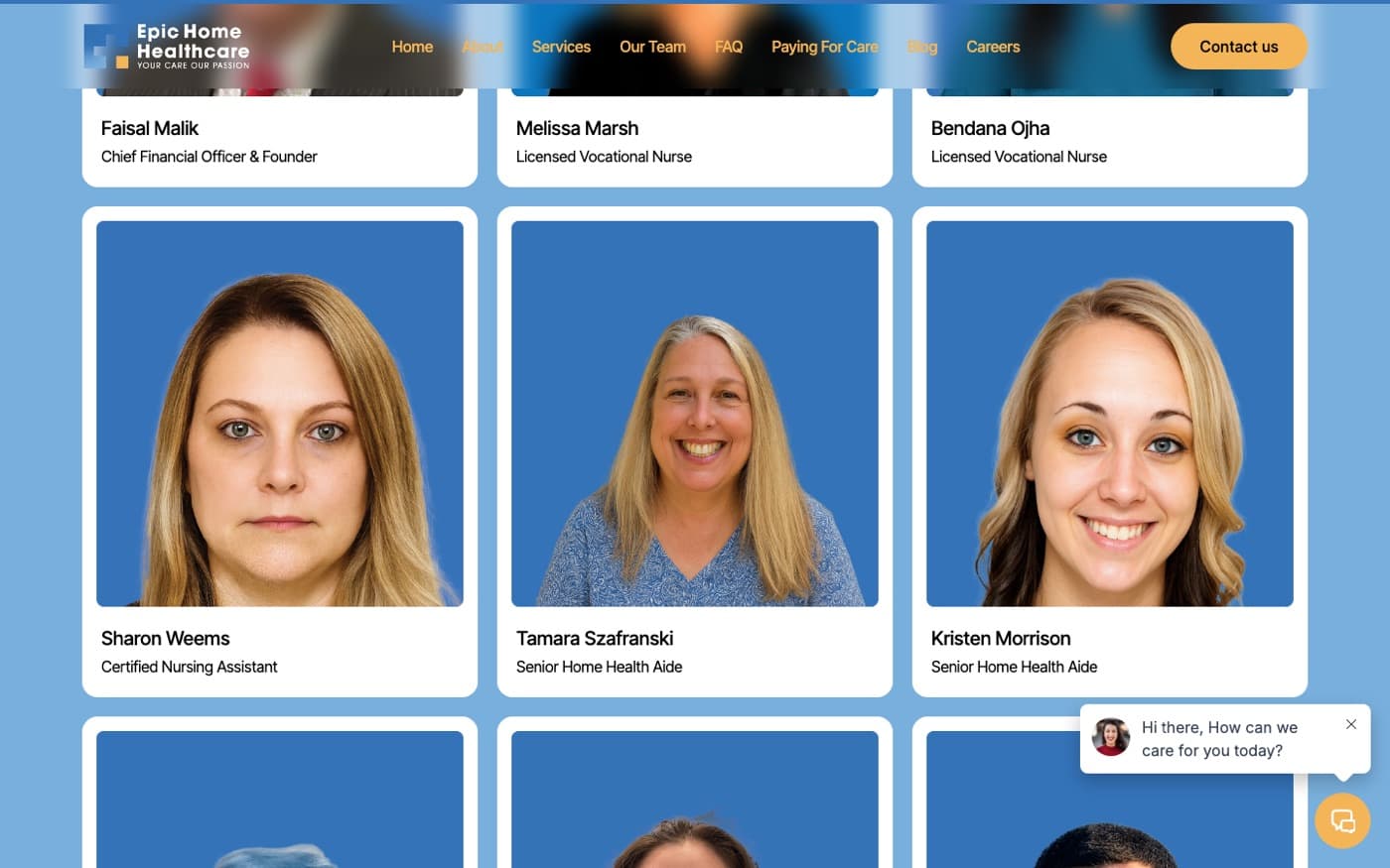 Our Team page with photographs of nurses and aides