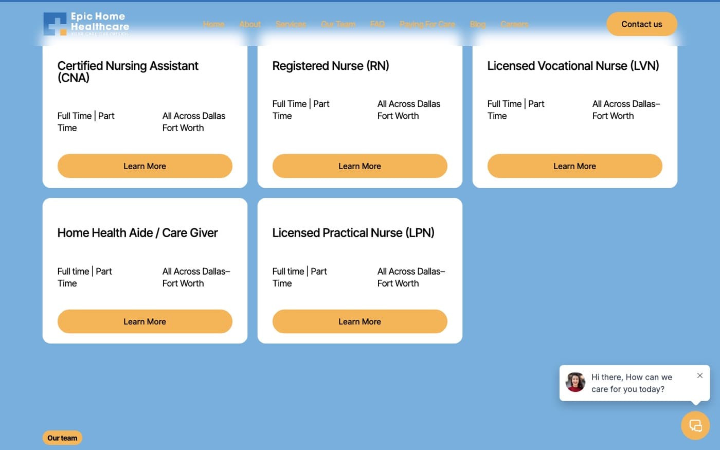 Careers page listing CNA, RN, LVN, HHA and LPN roles