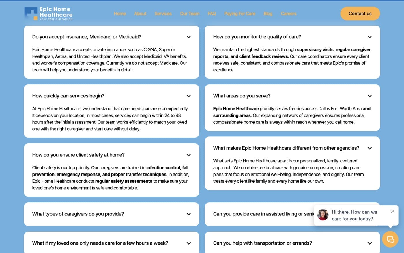FAQ page with two columns of questions