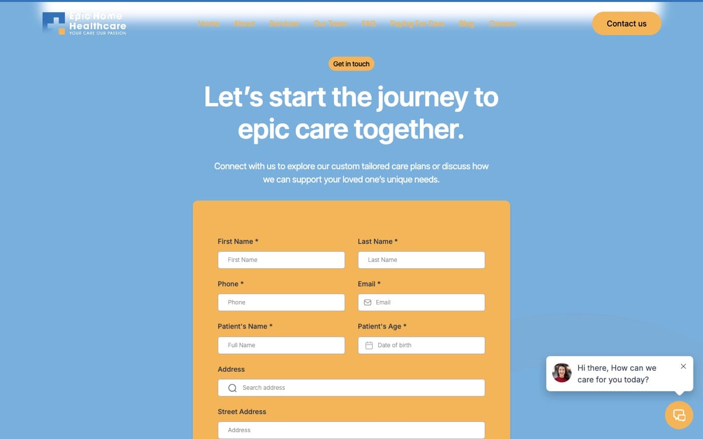 Contact page with the care intake form