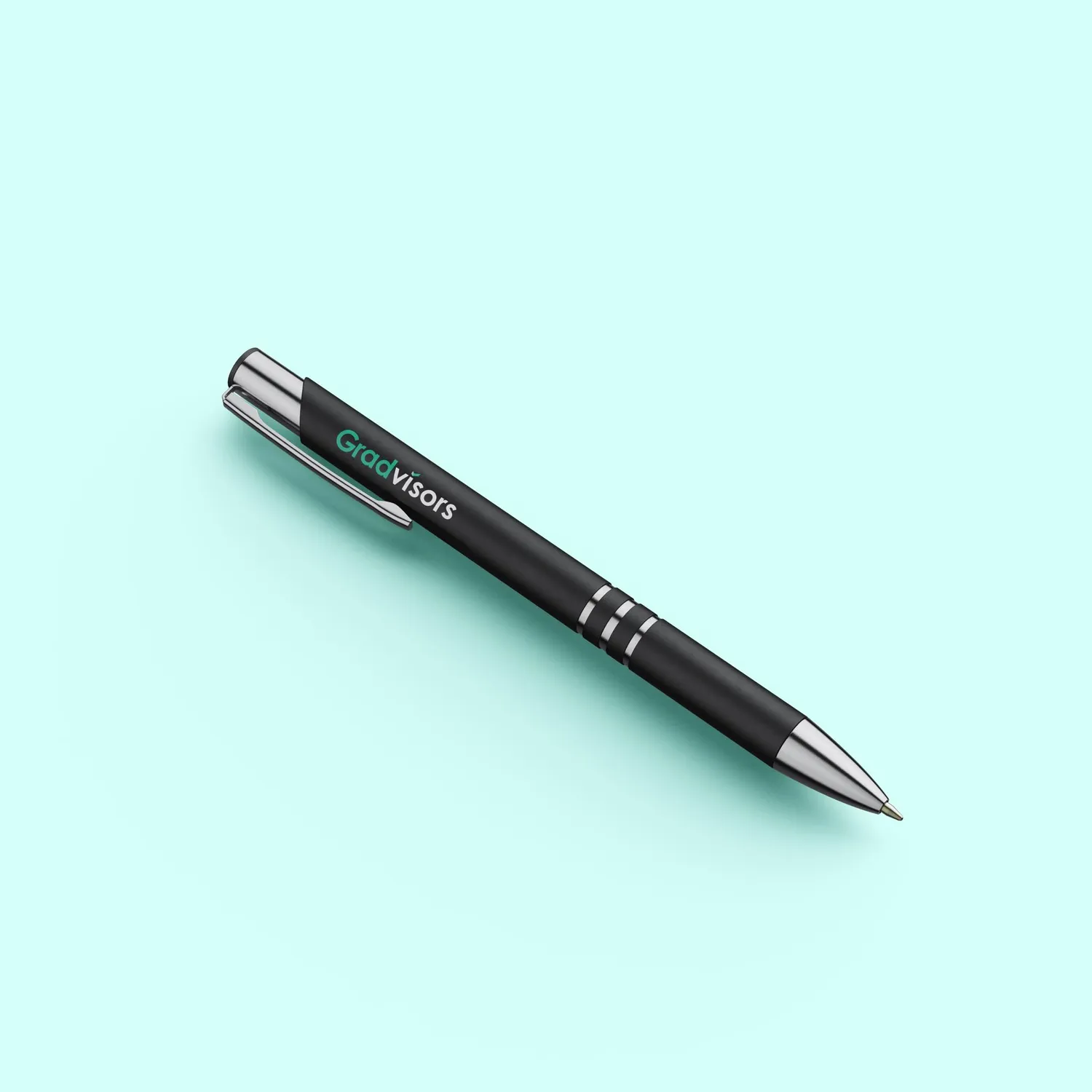 A charcoal pen printed with the Gradvisors wordmark on a pale mint background