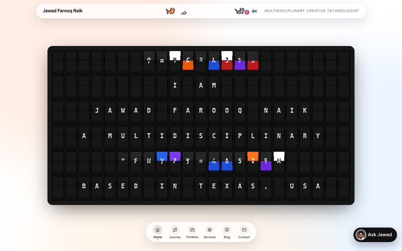 Split-flap board reading I am Jawad Farooq Naik, a multidisciplinary designer