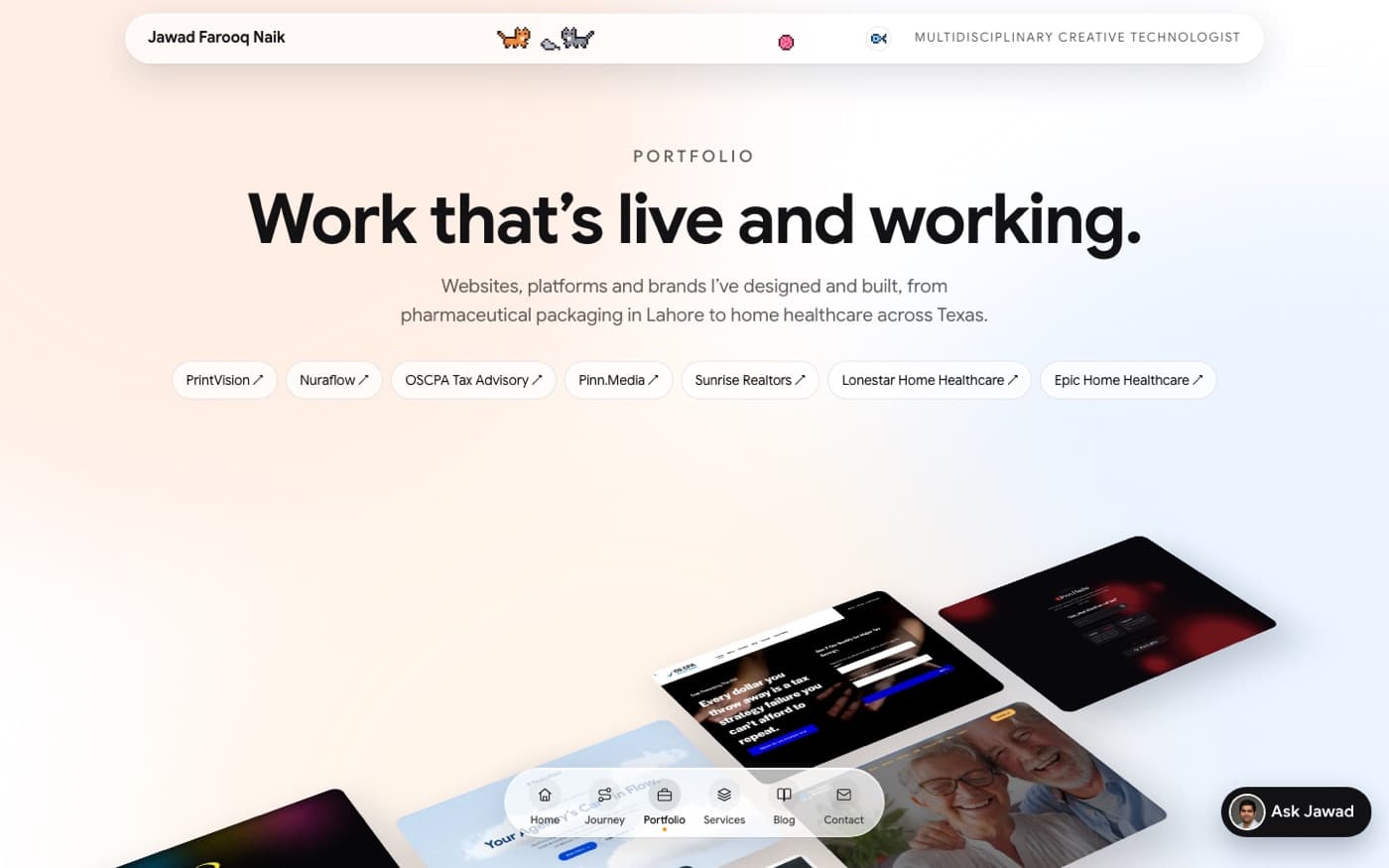 Portfolio: Work that's live and working, with a tilted wall of client sites
