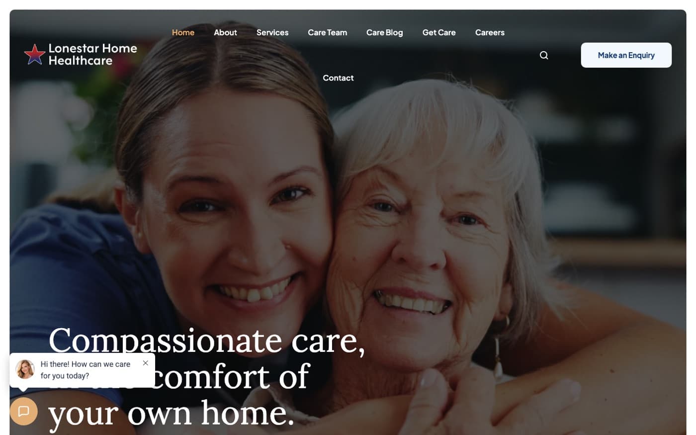 Lonestar home page hero with a caregiver and a senior woman