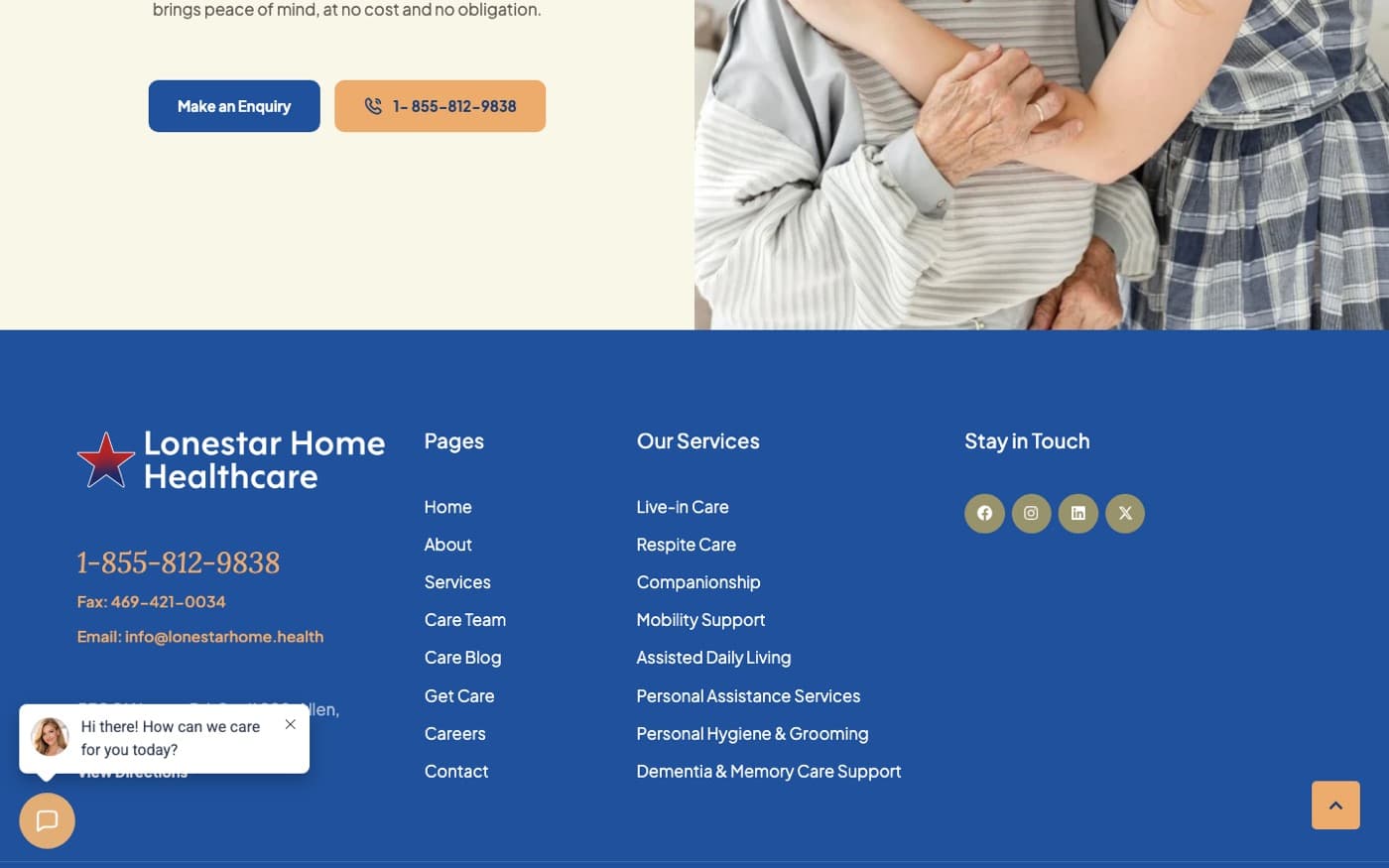 Footer with services, pages and phone number