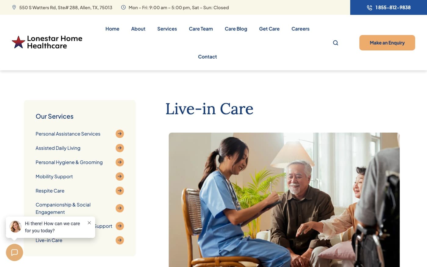 Live-in Care service page with the service sidebar