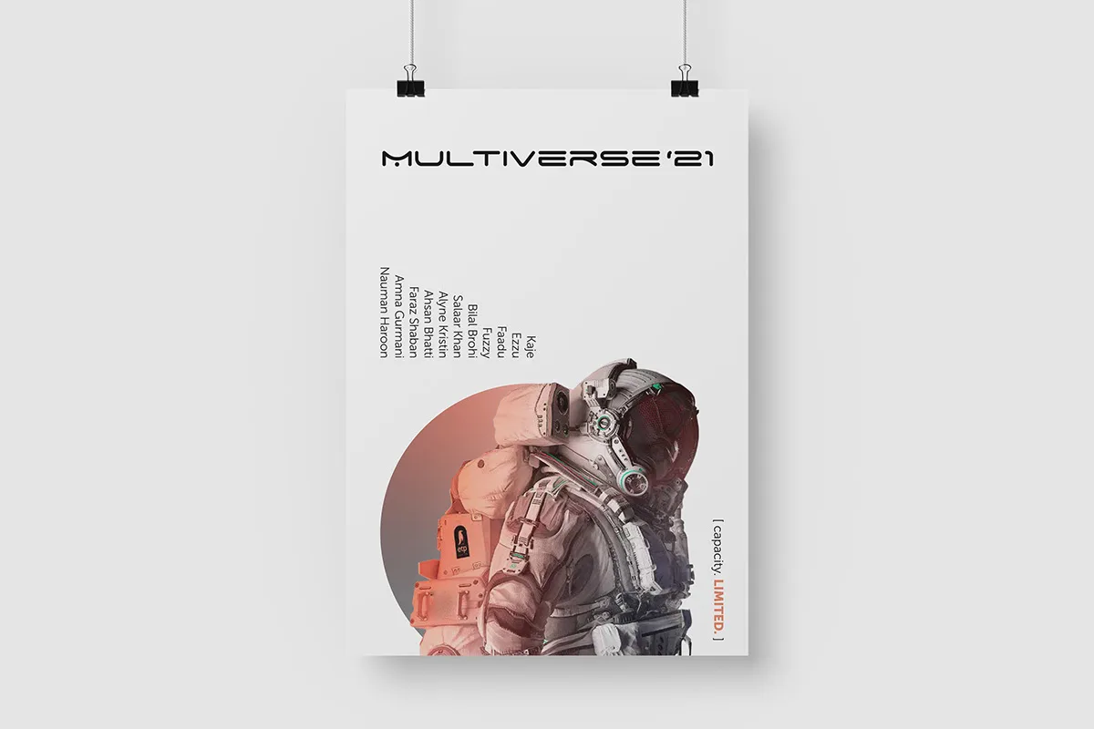 The lineup poster with eleven artist names set vertically down the left of the astronaut