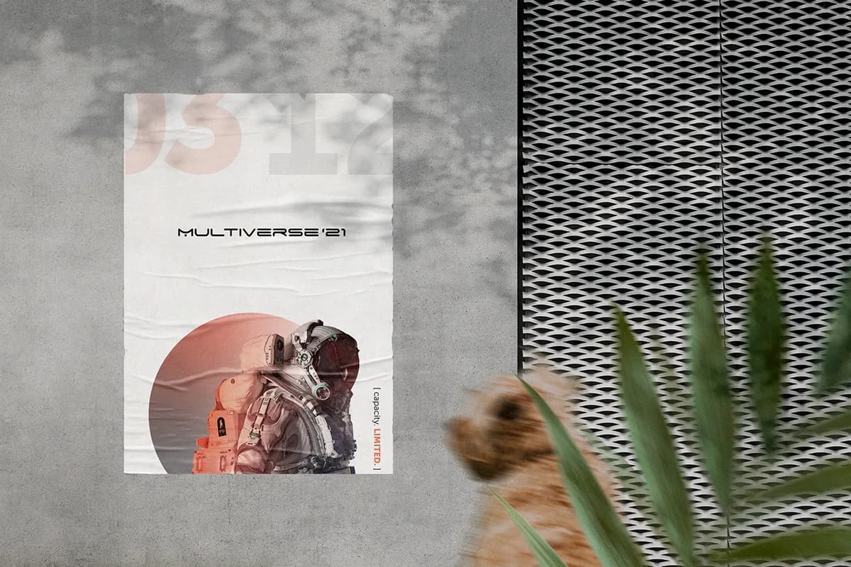 The MultiVerse '21 announce poster pasted on a concrete wall beside a metal screen