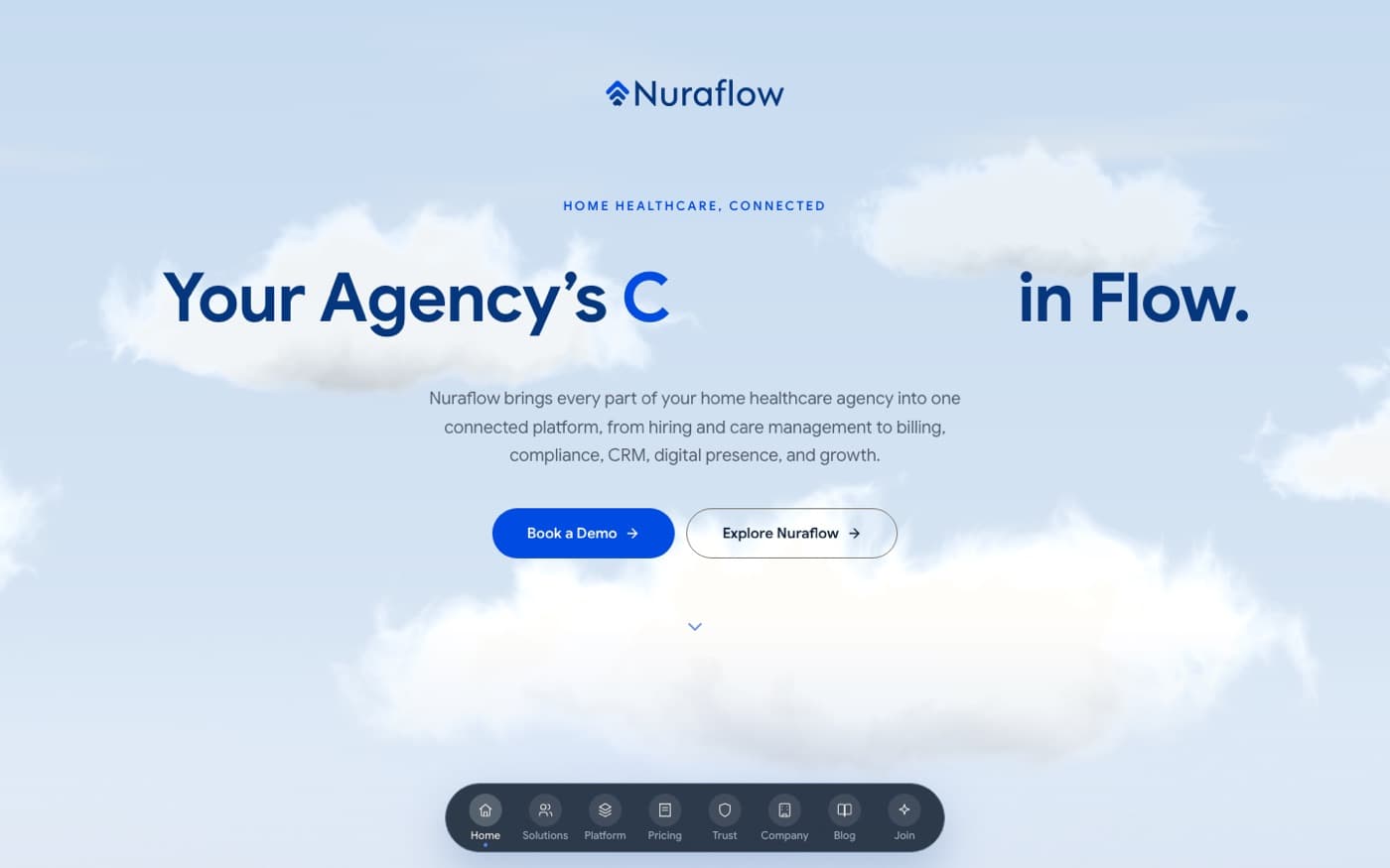 Nuraflow hero with a cloud sky: Your Agency's ... in Flow