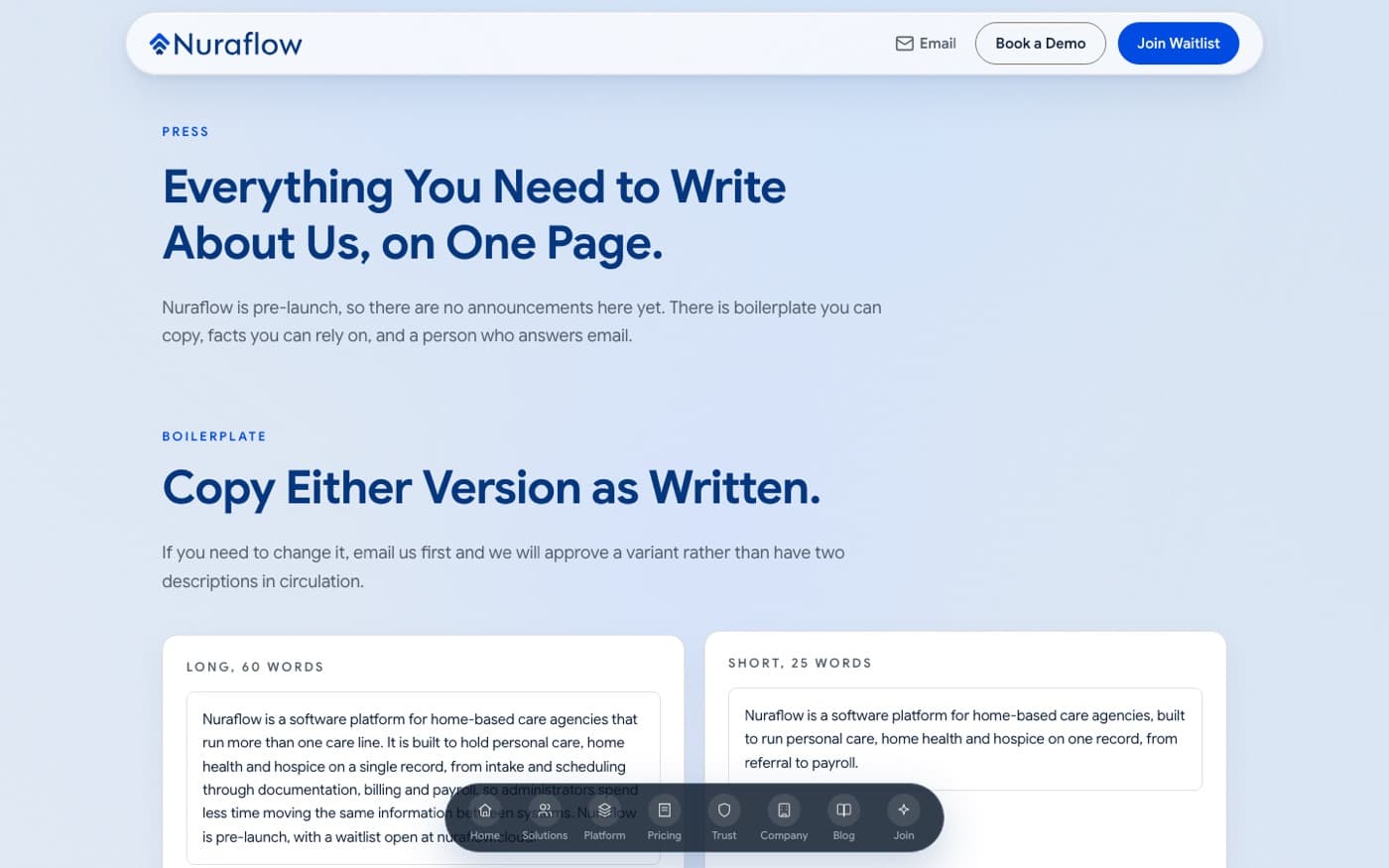 Press kit with copy-ready boilerplate