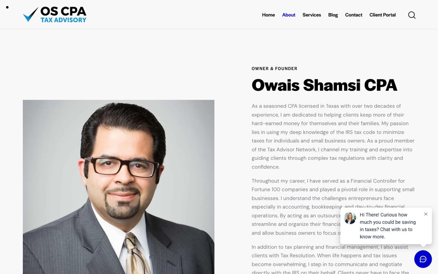 About page: Owais Shamsi CPA, owner and founder, with his photograph and bio