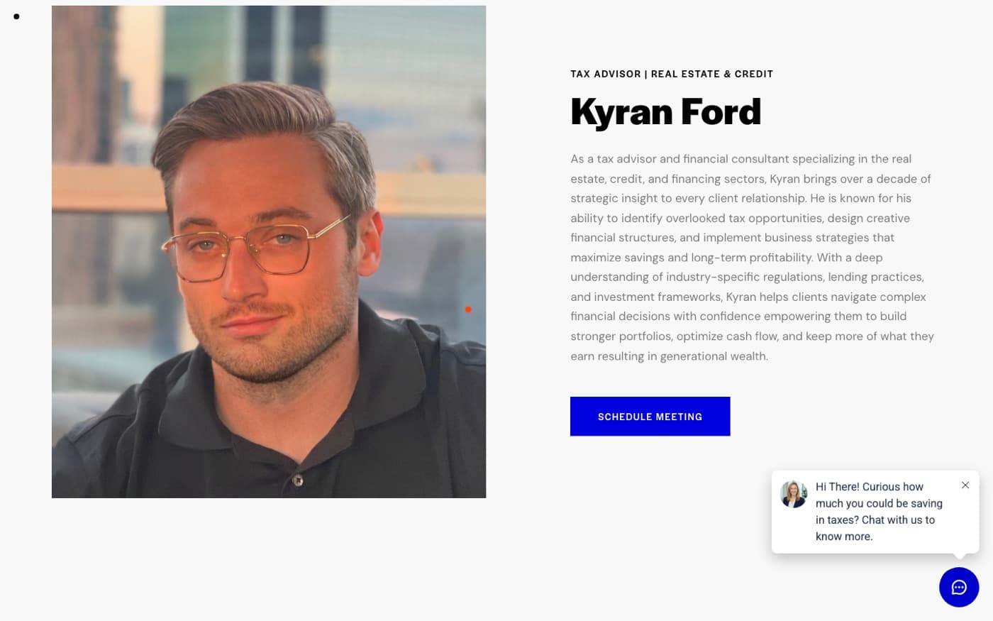 About page: Kyran Ford, tax advisor for real estate and credit, with Schedule Meeting