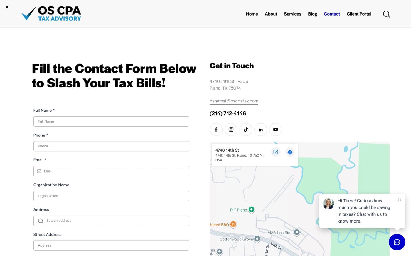 Contact page: Fill the contact form below to slash your tax bills, with a map