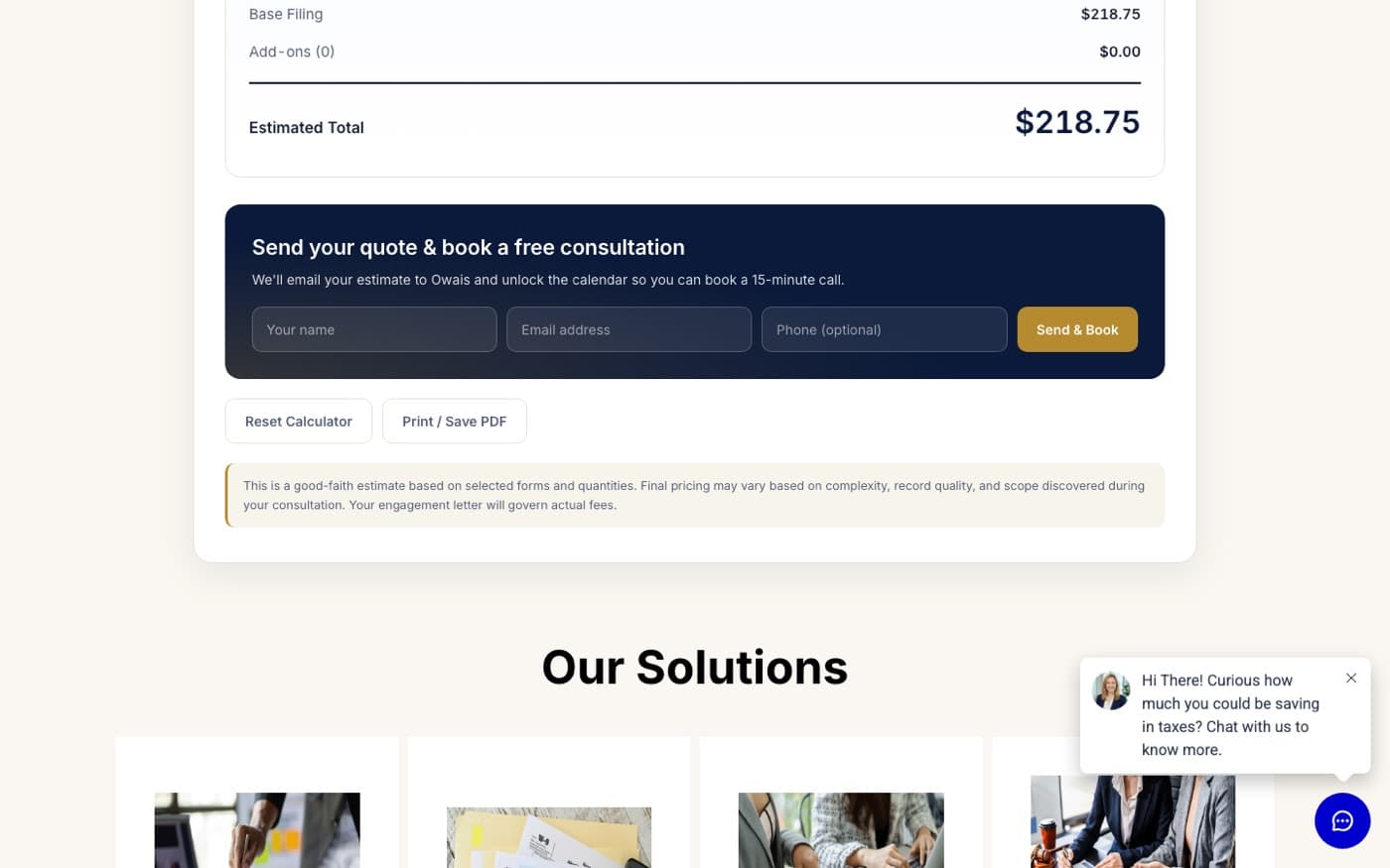 Estimator line items with steppers and the estimated total