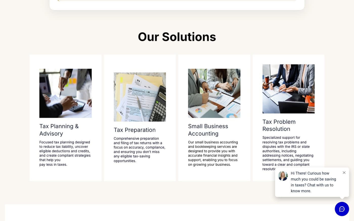 Estimator page: Our Solutions with four service cards