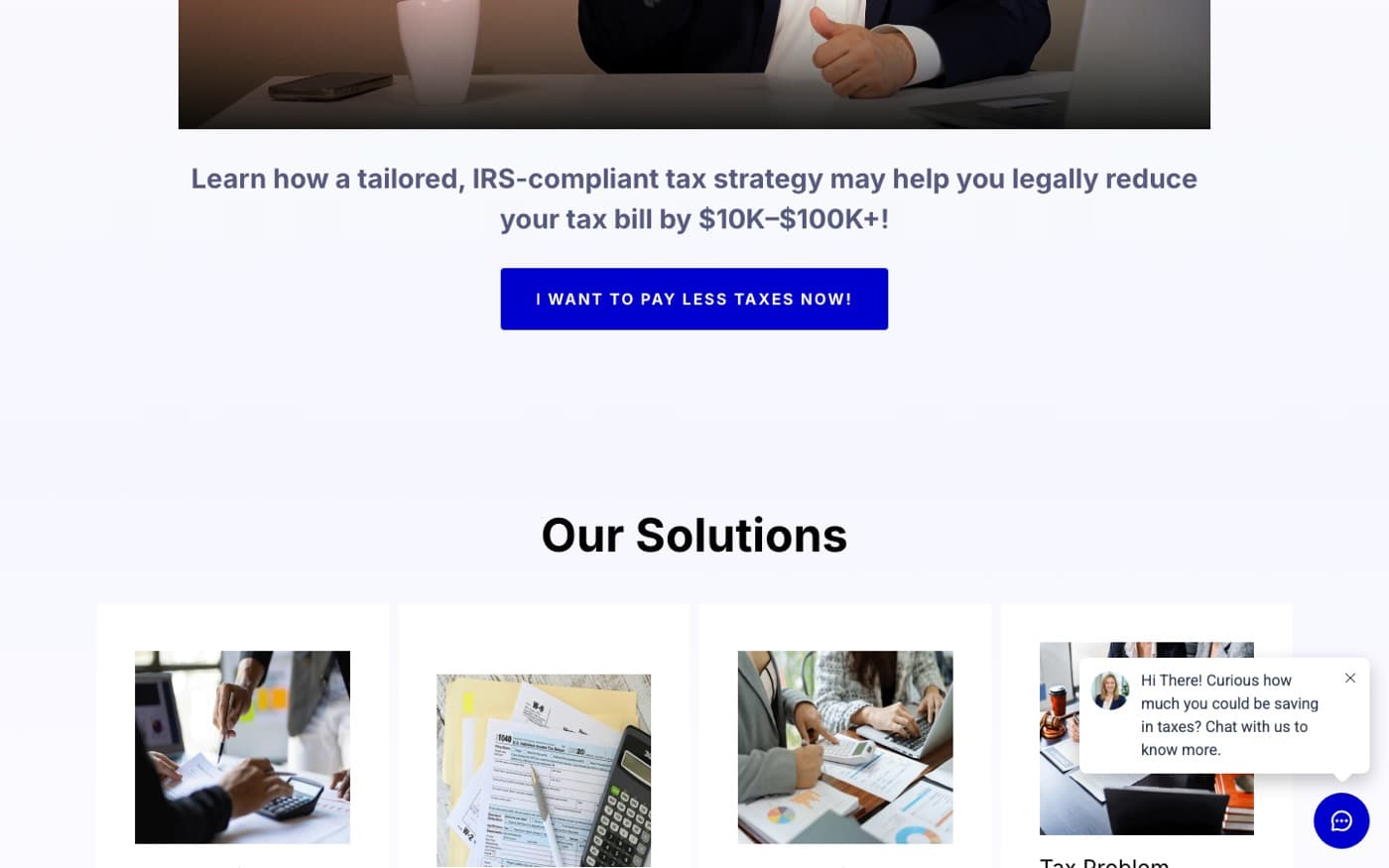 Strategy funnel: I want to pay less taxes now, above Our Solutions