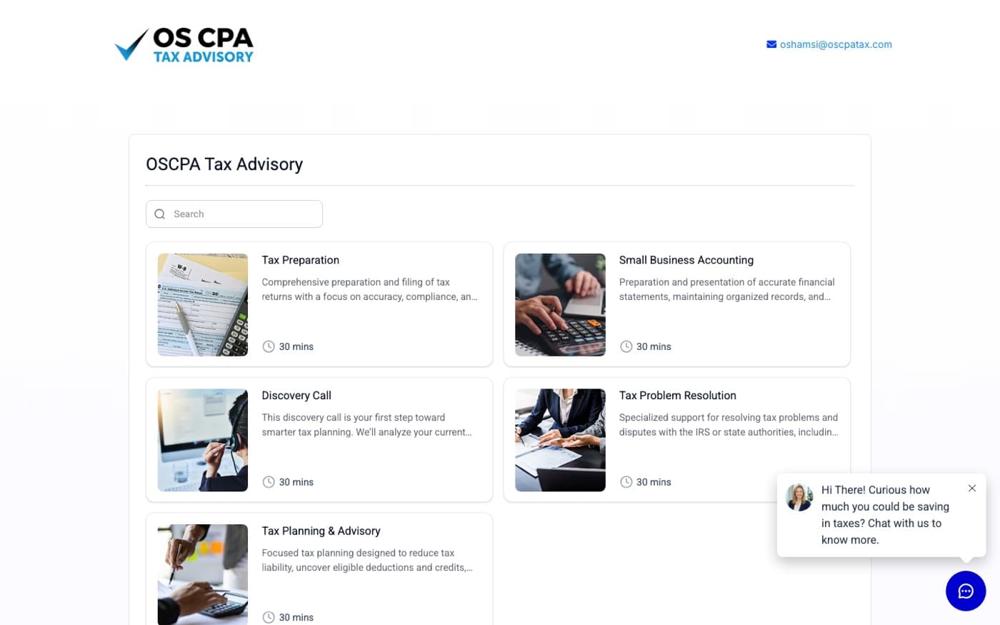 Booking funnel: the five bookable OSCPA services with photographs and descriptions