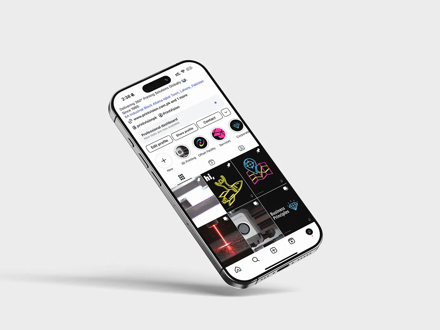 The Instagram grid shown on an angled phone