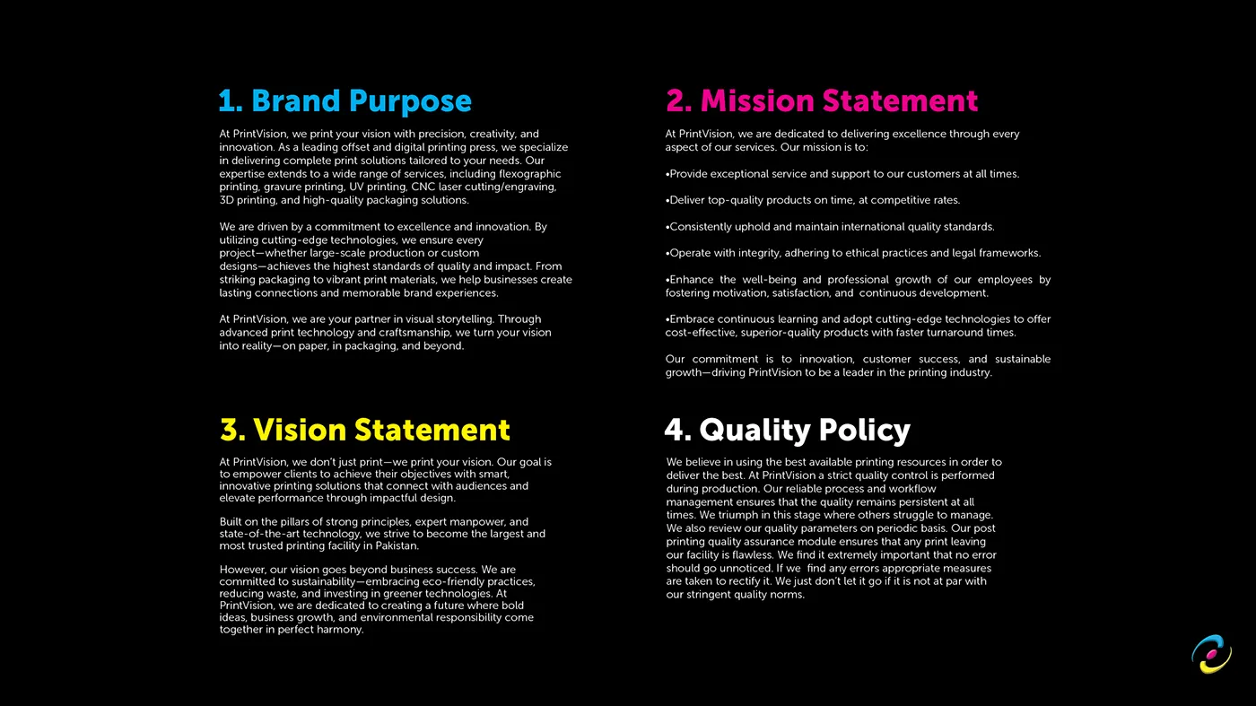 Brand purpose, mission statement, vision statement and quality policy