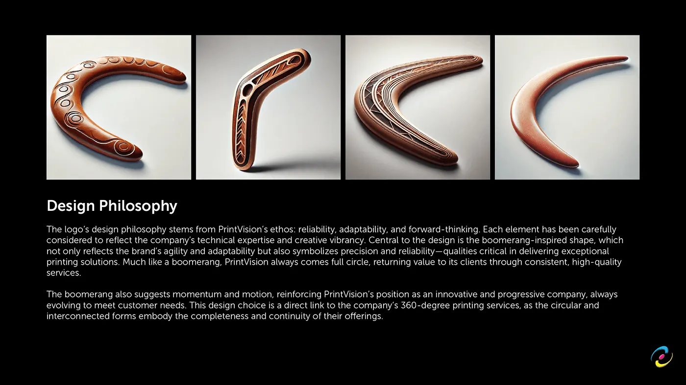Four boomerang studies above the written design philosophy for the mark