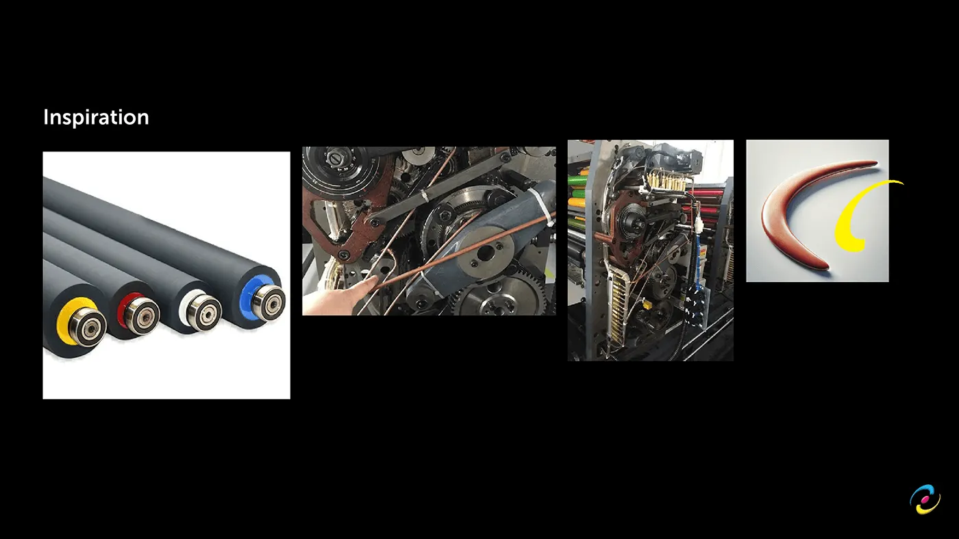Inspiration board of colour-coded ink rollers, press belts and gears, beside a boomerang study