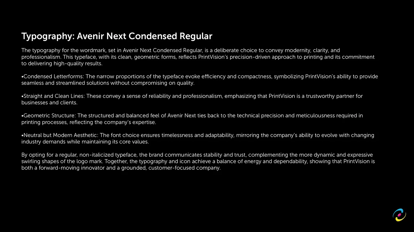 Written rationale for setting the wordmark in Avenir Next Condensed Regular