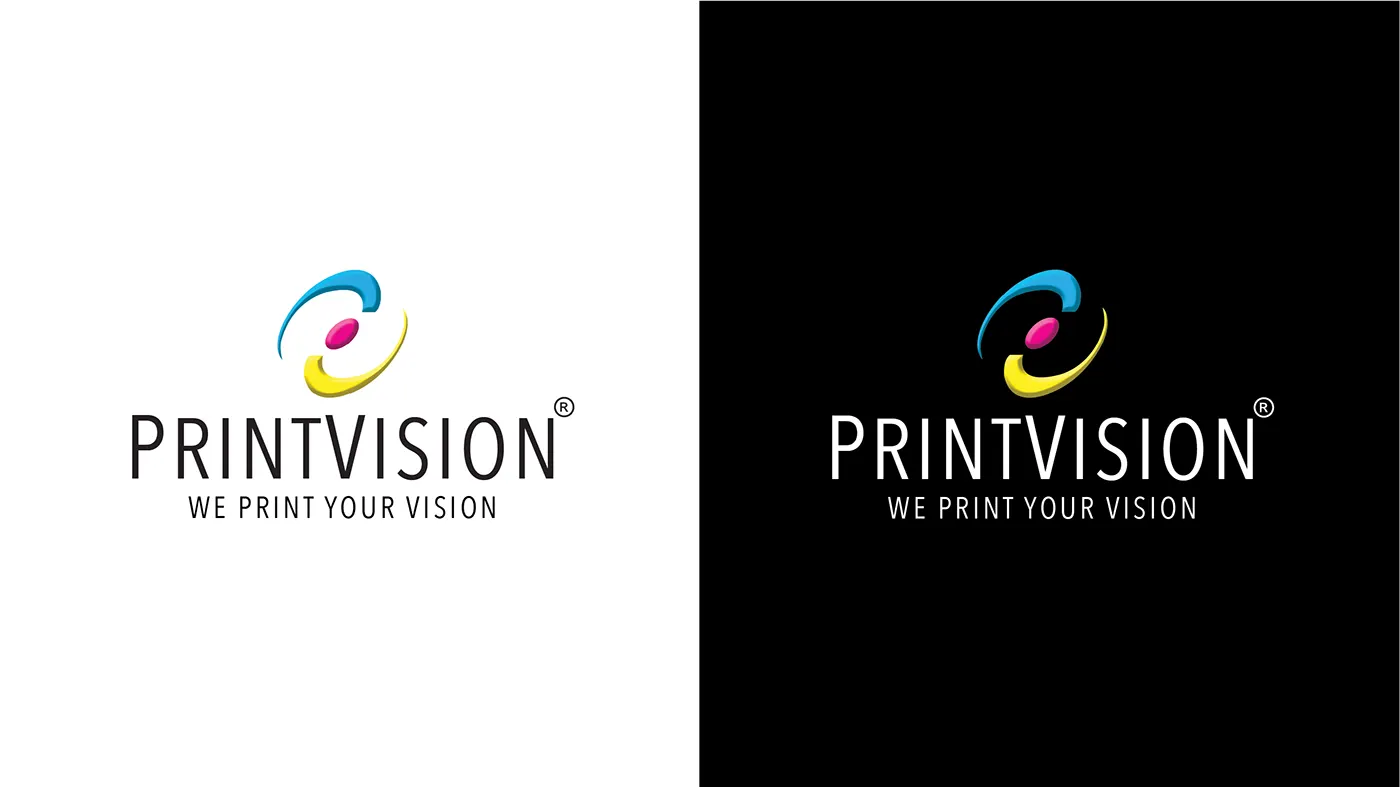 The PRINTVISION wordmark with tagline, on white and on black