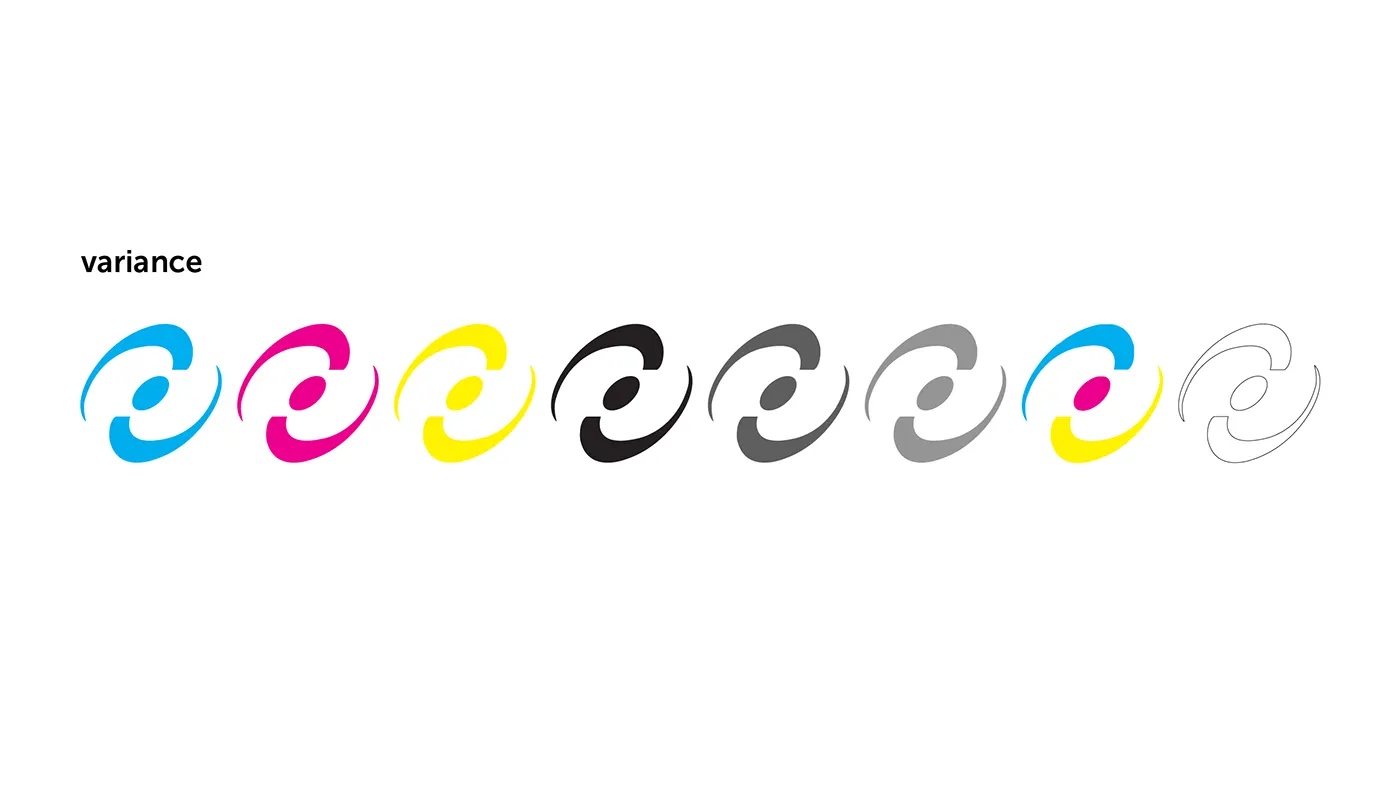 The mark in cyan, magenta, yellow, black, greyscale and outline colourways