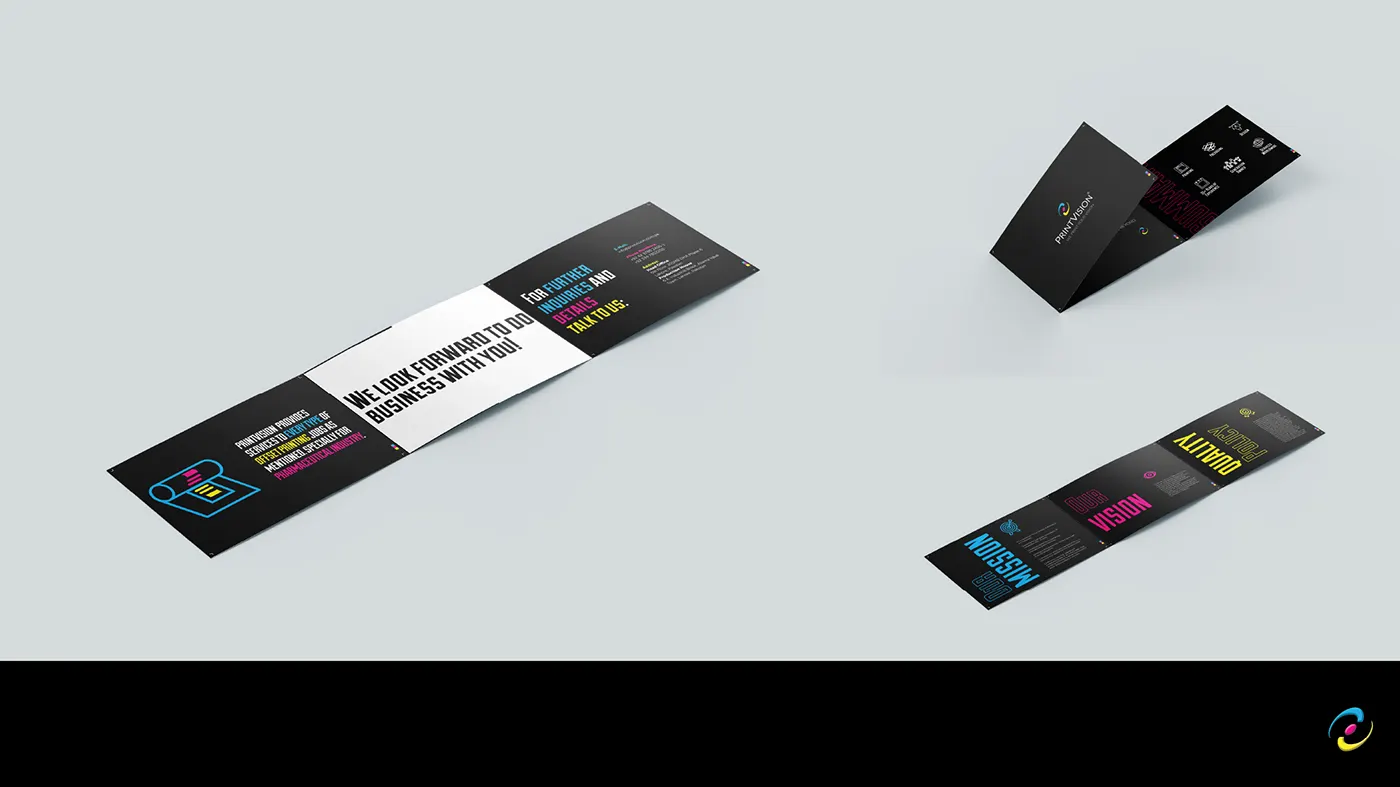 Company profile and folders in black stock with CMYK edge detailing