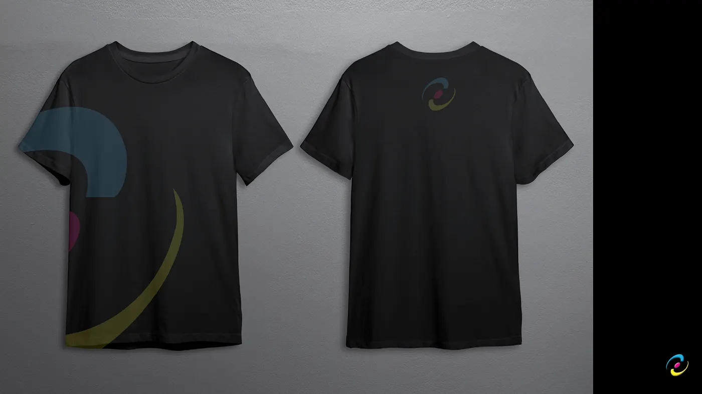 Black branded t-shirts, front and back