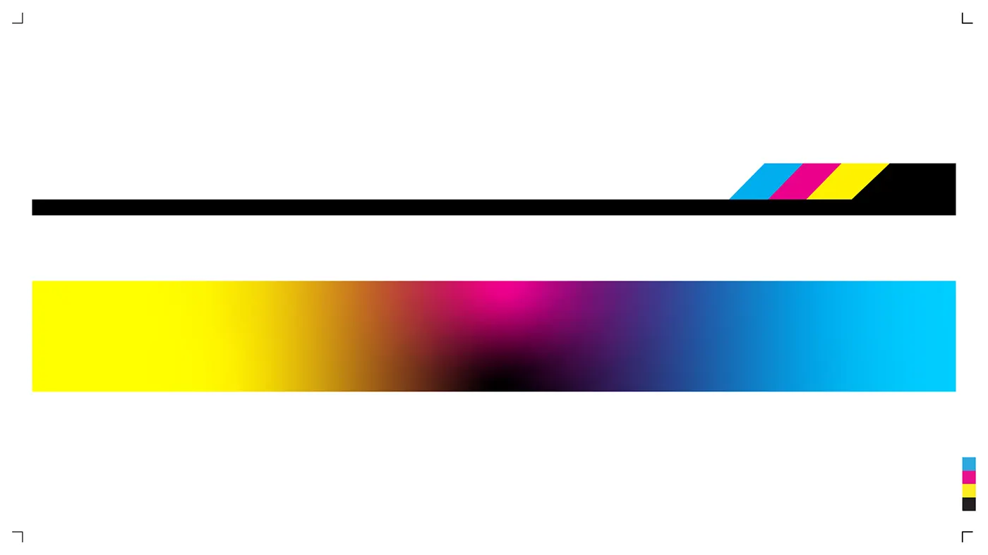 Brand artwork built from a CMYK colour bar and gradient