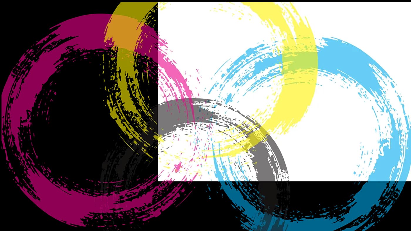 Brand artwork built from magenta, cyan and yellow brush marks