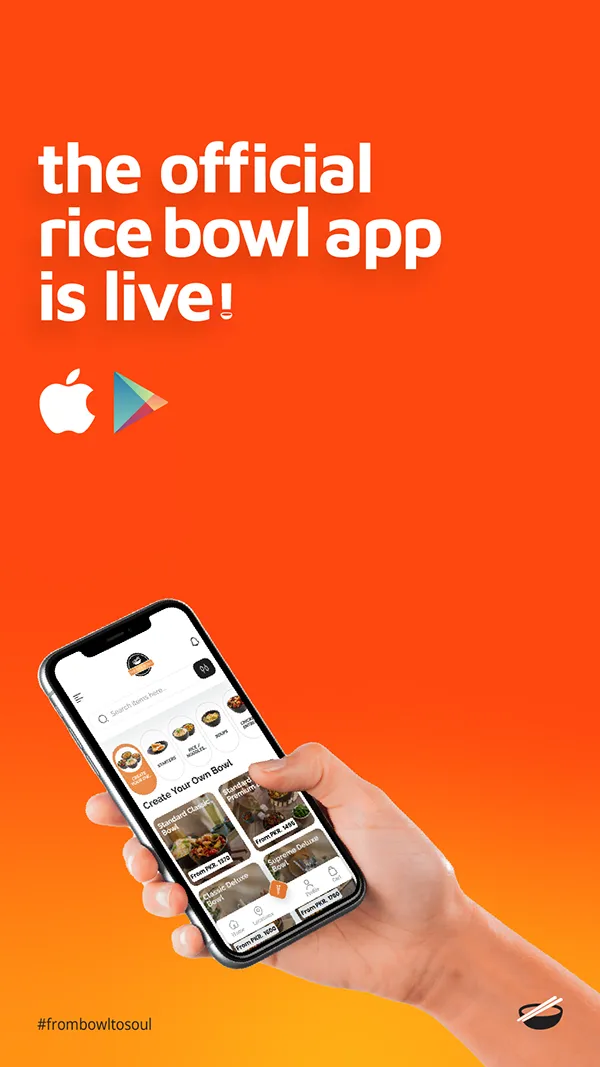 Post reading the official rice bowl app is live with App Store and Play Store badges and a phone in hand