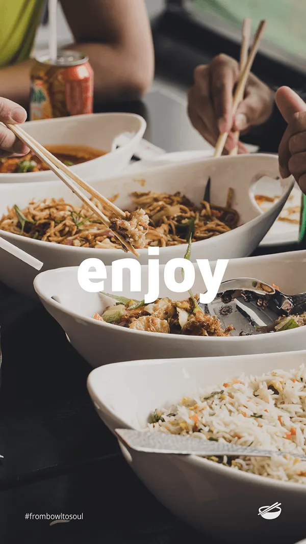 Diners reaching across a table of Rice Bowl dishes, overlaid with the word enjoy