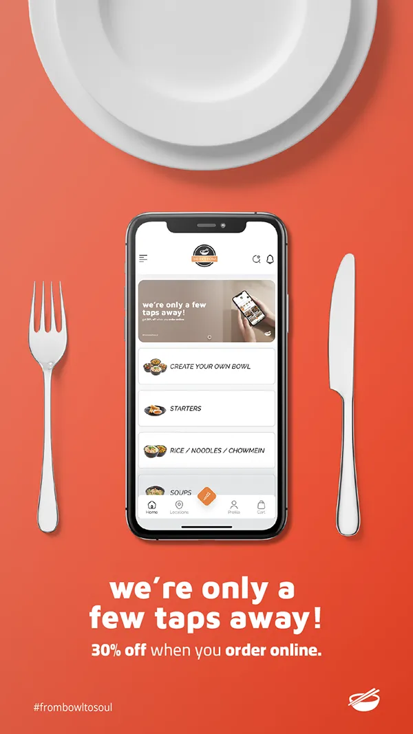 Post showing the app between a fork and knife, reading we're only a few taps away, 30% off when you order online