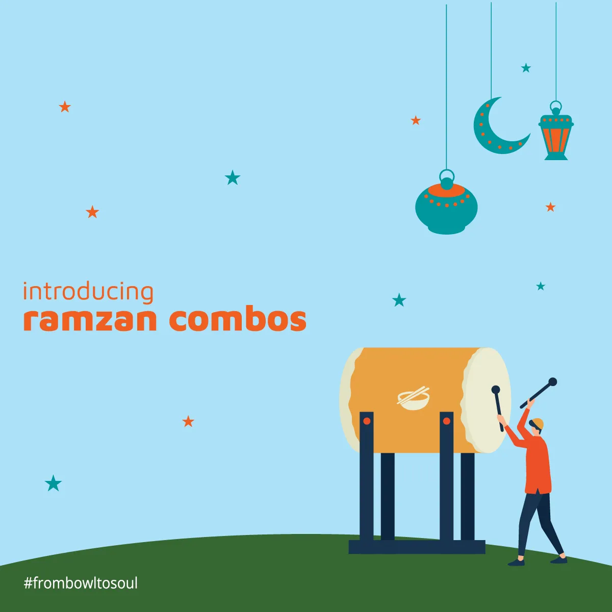 Pale blue Ramzan post with lantern, crescent and a cricket illustration