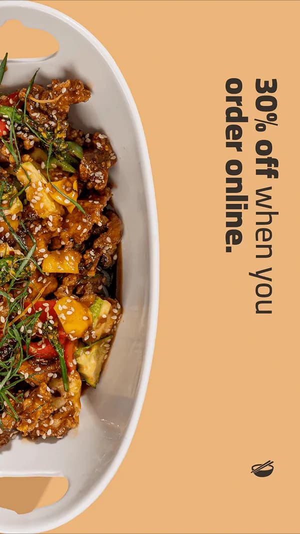 Vertical story reading 30% off when you order online beside a bowl of noodles