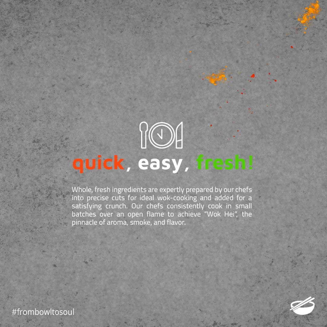 Post reading quick, easy, fresh, with copy about small batches and Wok Hei