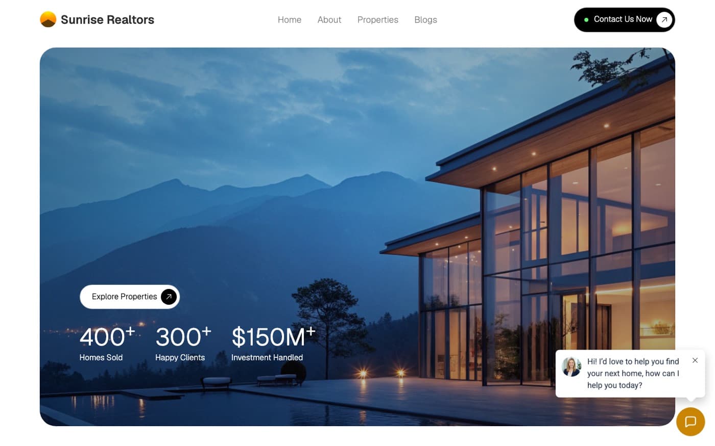 Sunrise Realtors hero: a modern glass house at dusk with headline stats