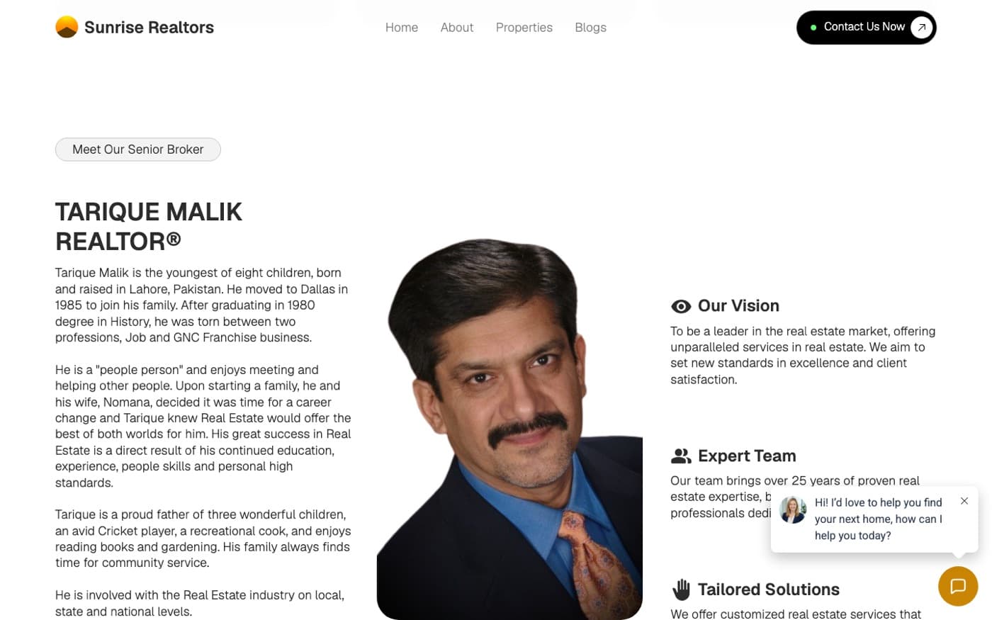 Senior broker biography of Tarique Malik with his photograph